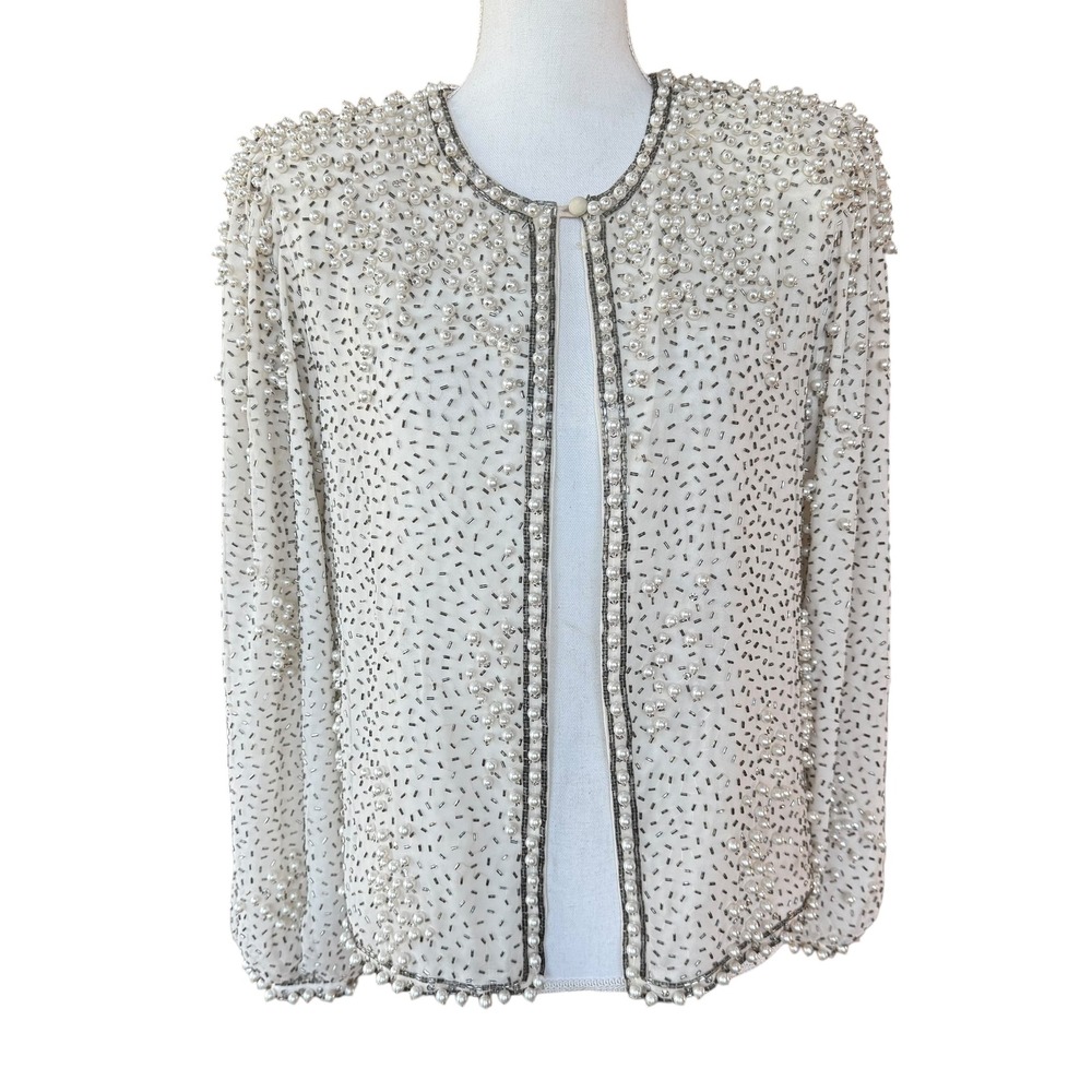 Jack Bryan‎ Embellished Pearl Beaded Jacket Cream Size 10